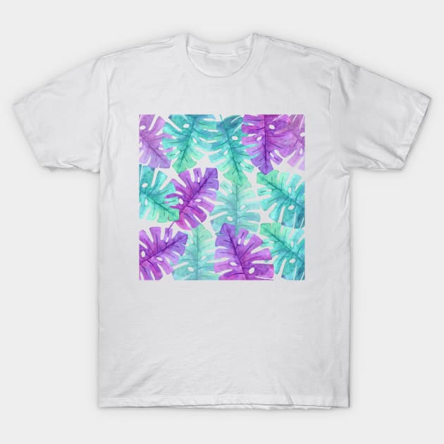 Monstera Plant in Turquoise Green Violet Pattern T-Shirt by Live Together